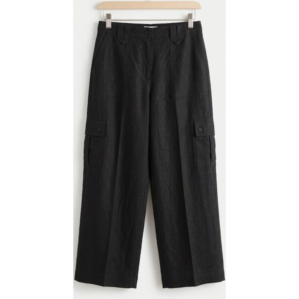 Real Comfort Womens black cargo pants Size 10 wide leg 100% linen old money